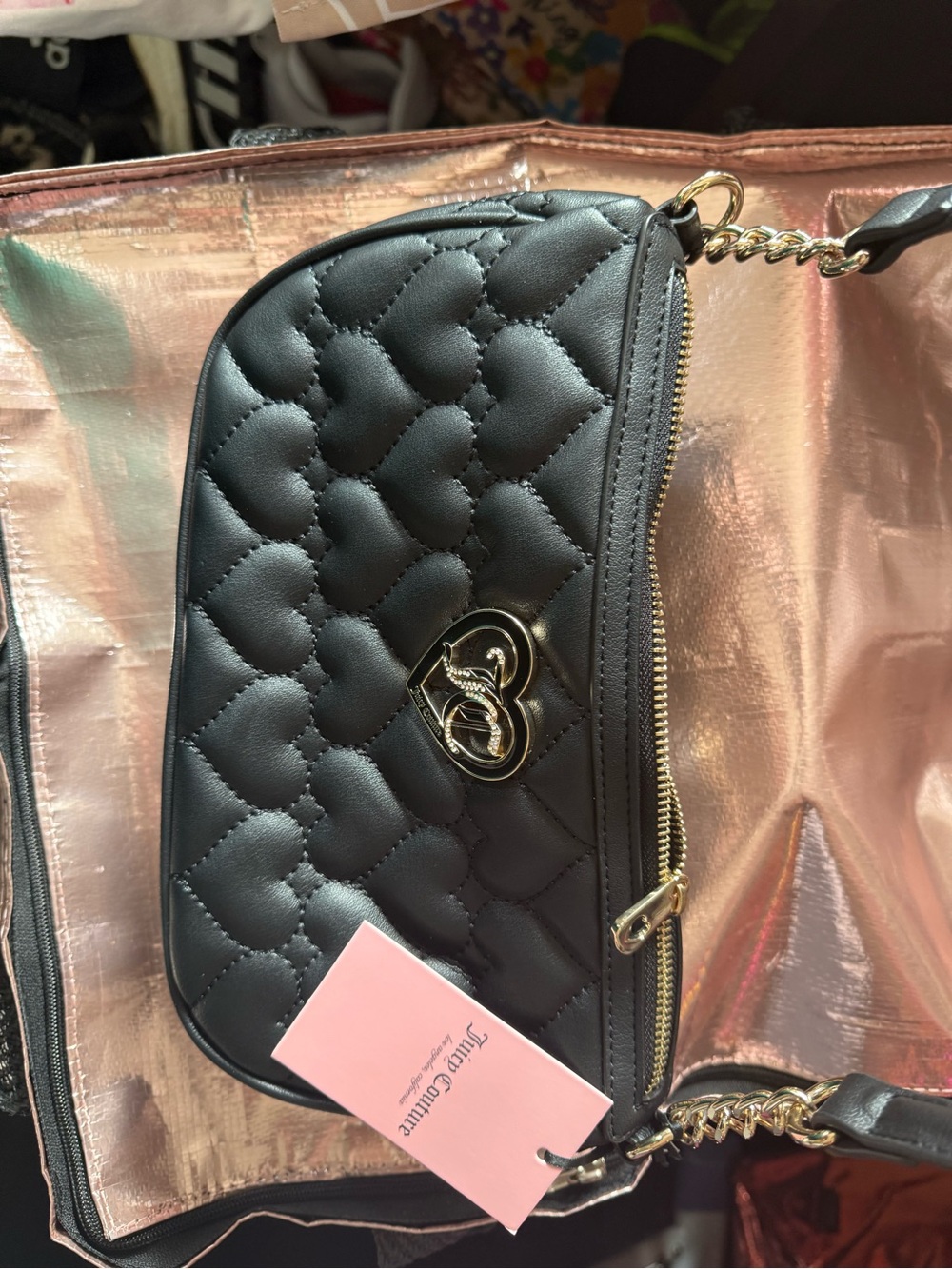 Black Quilted Heart Crossbody Bag with Gold Hardware